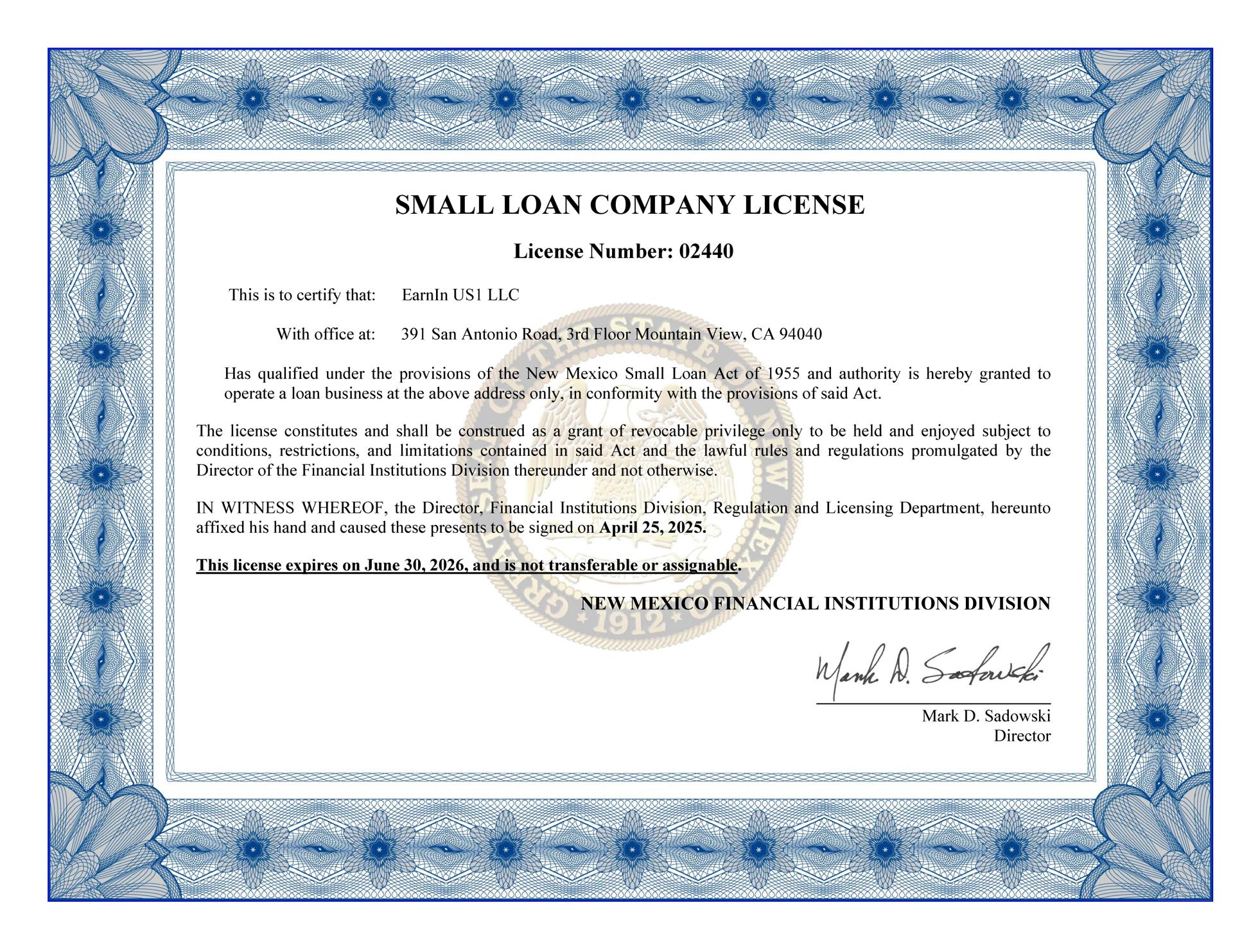 EarnIn US1 LLC New Mexico Small Loan Company License
